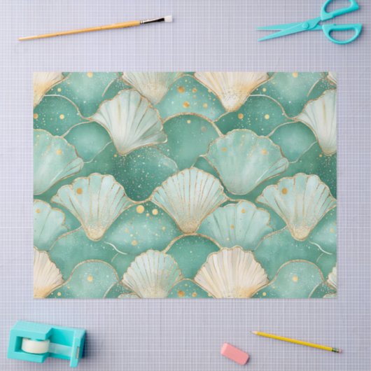 Gold Zee Shell Wave Pattern in Aqua Blauwgroen Tissuepapier (Craft)