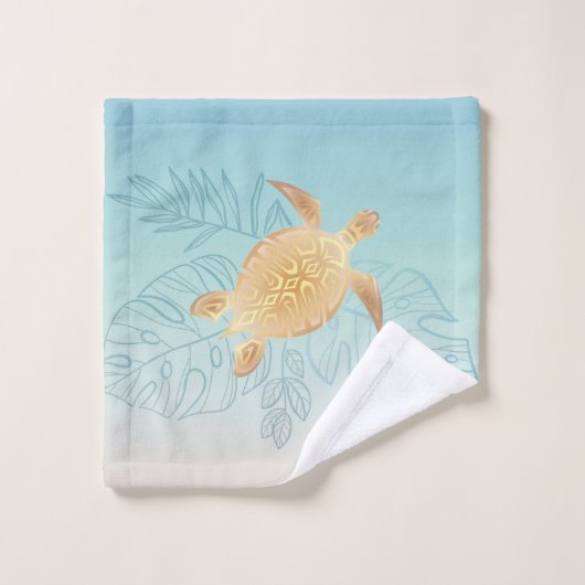 Gold Zee Turtle Tropical Leaves Coastal Bad Handdoek (Wasdoekje)