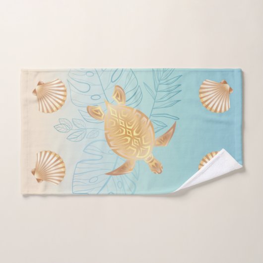 Gold Zee Turtle Tropical Leaves Coastal Bad Handdoek (Handdoek)
