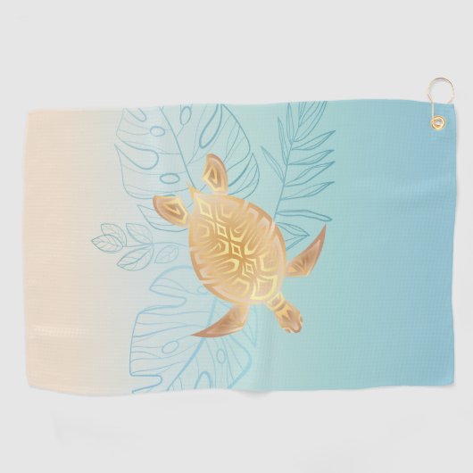 Gold Zee Turtle Tropical Leaves Coastal Golfhanddoek (Horizontaal)
