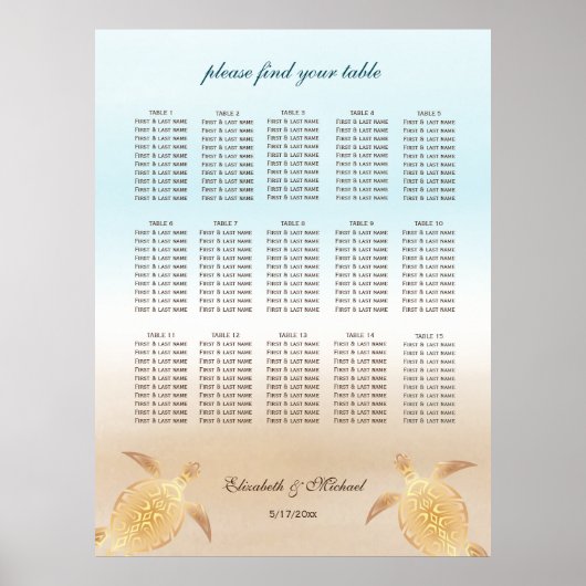 Gold Zee Turtles Beach Wedding Seding Chart Poster (Voorkant)