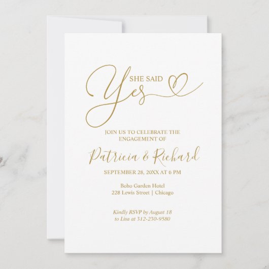Gold zij zei ja-uitnodiging van de Engagement Part Aankondiging (Voorkant)