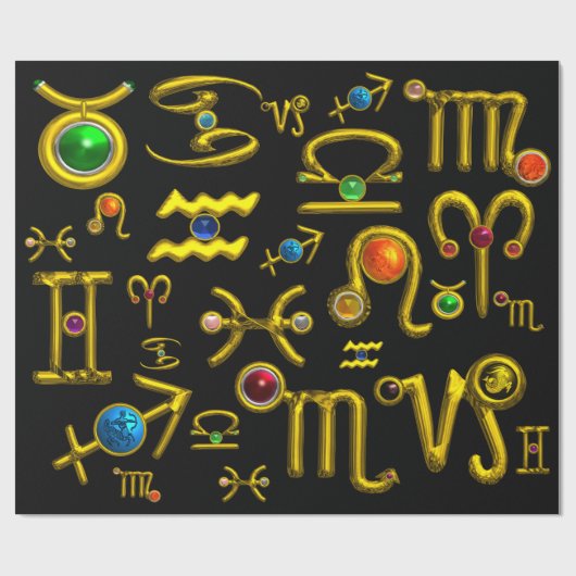 GOLD ZODIAC BIRTHDAY JEWELS, GEMSTONES, ASTROLOGIE CADEAUPAPIER (Vlak)