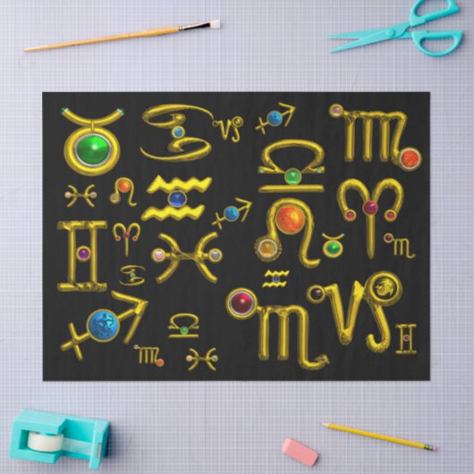 GOLD ZODIAC BIRTHDAY JEWELS, GEMSTONES, ASTROLOGIE TISSUEPAPIER (Craft)