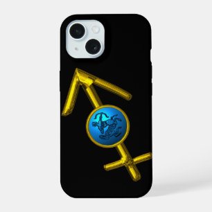 GOLD ZODIAC SIGN SAGITTARIUS, Blue Turquoise, Blac iPhone 15 Case