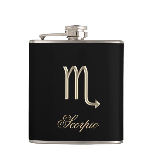 Gold Zodiac Sign Scorpio op zwarte fles Heupfles (Voorkant)