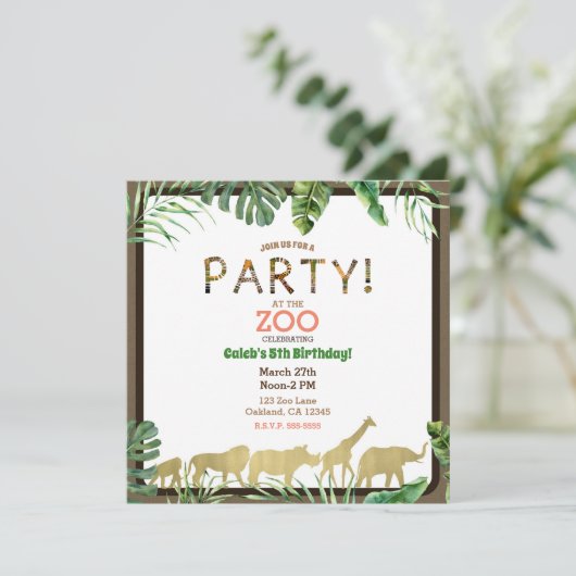 Gold Zoo Animals Oerwoud Safari Verjaardagsfeest Kaart (Staand voorkant)