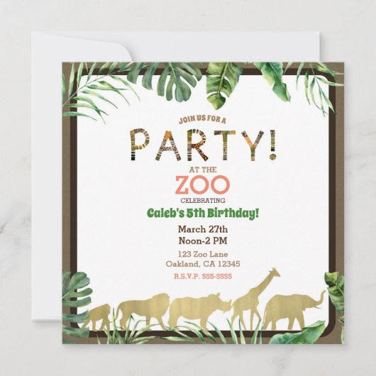 Gold Zoo Animals Oerwoud Safari Verjaardagsfeest Kaart (Voorkant)