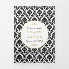 Gold, Zwart & Wit Damask Wedding Suite Drieluik Uitnodiging