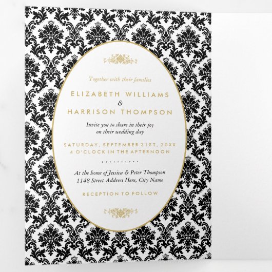  Gold, Zwart & Wit Damask Wedding Suite Drieluik Uitnodiging (Binnenzijde eerst)