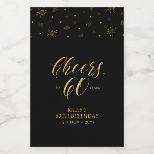 Gold & zwarte Cheers 60 jaar, 60e verjaardag Wijn Etiket (Enkel label)