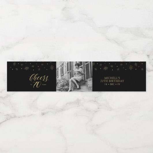 Gold & zwarte Cheers 70 jaar, 70e verjaardag Waterfles Etiket (Enkel label)