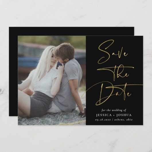 Gold & zwarte kalligrafie Foto Opslaan datumkaart Kaart (Voorkant / Achterkant)