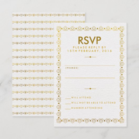 Goldan Art Deco Wedding RSVP Kaart (Voorkant / Achterkant)