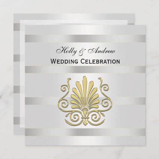 GoldArt Deco Plume Blk Wht SQ Wedding Kaart (Voorkant / Achterkant)