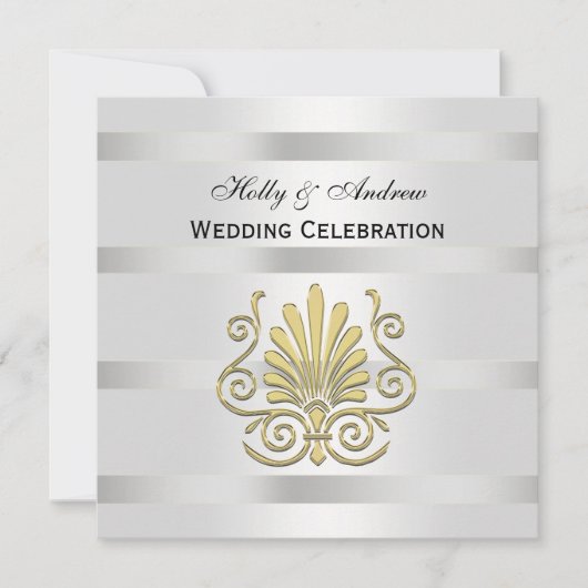  GoldArt Deco Plume Blk Wht SQ Wedding Kaart (Voorkant)