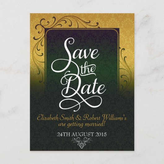 Golde Green Damask Elegance Save the Date Briefkaa Aankondigingskaart (Voorkant)