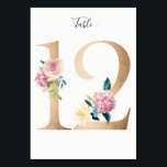 Golden 12 Bloemen Tafelnummer Kaart<br><div class="desc">Gouden nummer met zachte pastel bloemenversiering tafel nummerkaart. Personaliseer de stijl,  de grootte en de kleur van het tekstlettertype.</div>