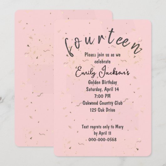 Golden 14th Birthday Golden Confetti op Blush Pink Kaart (Voorkant / Achterkant)