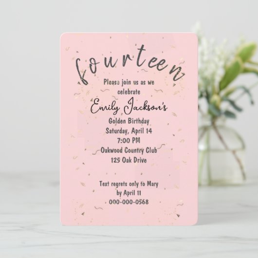 Golden 14th Birthday Golden Confetti op Blush Pink Kaart (Staand voorkant)