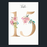 Golden 15 Bloemen Tafelnummer Kaart<br><div class="desc">Gouden nummer met zachte pastel bloemenversiering tafel nummerkaart. Personaliseer de stijl,  de grootte en de kleur van het tekstlettertype.</div>