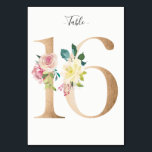 Golden 16 Bloemen Tafelnummer Kaart<br><div class="desc">Gouden nummer met zachte pastel bloemenversiering tafel nummerkaart. Personaliseer de stijl,  de grootte en de kleur van het tekstlettertype.</div>