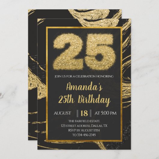Golden 25th Birthday Invitation Kaart (Voorkant / Achterkant)