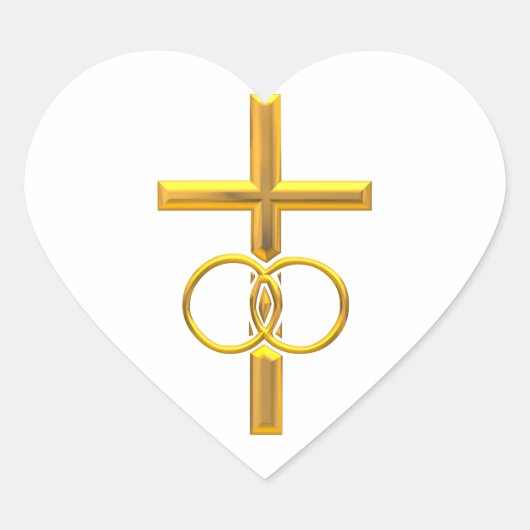 Golden 3-D Cross met Wedding Rings Hart Sticker (Voorkant)