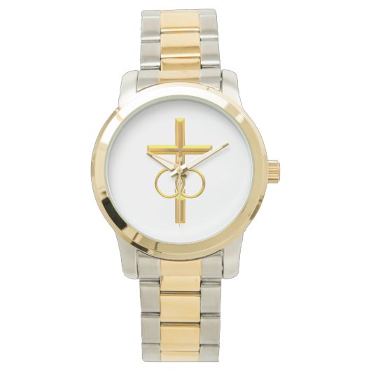 Golden 3-D Cross met Wedding Rings Horloge (Voorkant)