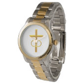 Golden 3-D Cross met Wedding Rings Horloge (Gekanteld)