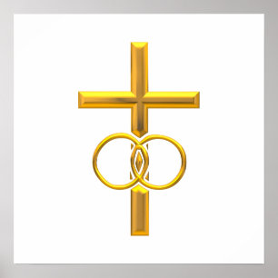 Golden 3-D Cross met Wedding Rings Poster