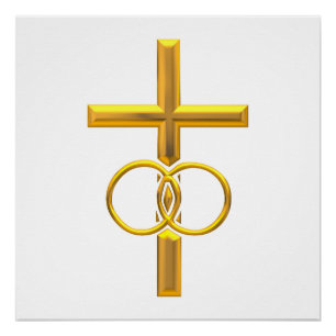 Golden 3-D Cross met Wedding Rings Poster