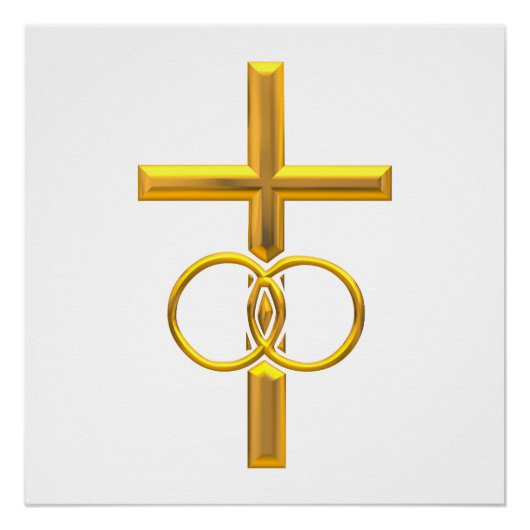 Golden 3-D Cross met Wedding Rings Poster (Voorkant)