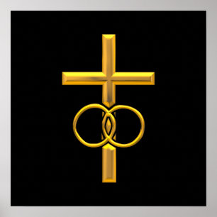Golden 3-D Cross met Wedding Rings Poster