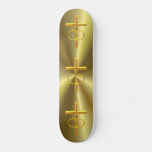 Golden 3-D Cross met Wedding Rings Skateboard (Voorkant)