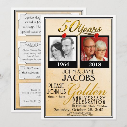 Golden 50e Jubileum Uitnodiging met enveloppen (Voorkant / Achterkant)