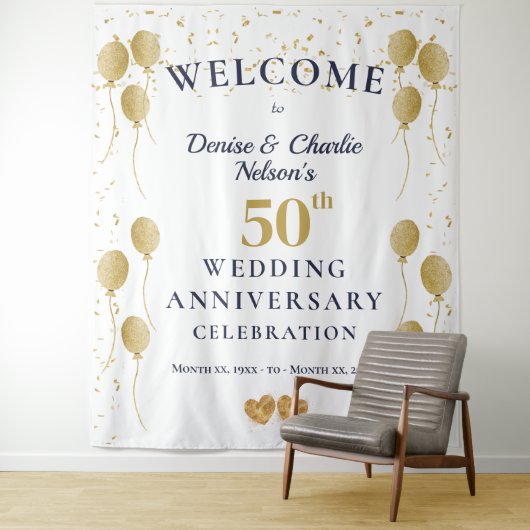 Golden 50th Wedding Anniversary Party Banner Wandkleed (In situ)