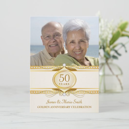 Golden 50th Wedding Jubileum Foto nodigt uit Kaart (Staand voorkant)