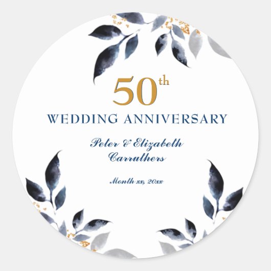 Golden 50th Wedding Jubileum, goud en zeemacht Ronde Sticker (Voorkant)