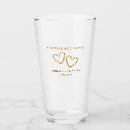 Golden 50th Wedding Jubileum Hart Gepersonaliseerd Glas (Voorkant)