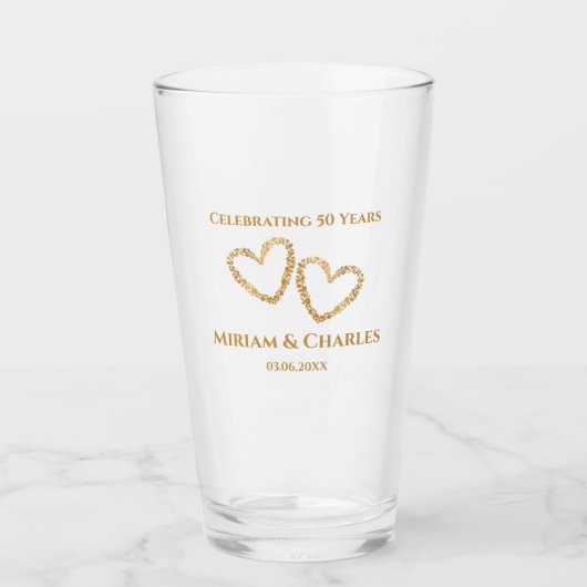 Golden 50th Wedding Jubileum Hart Gepersonaliseerd Glas (Voorkant)