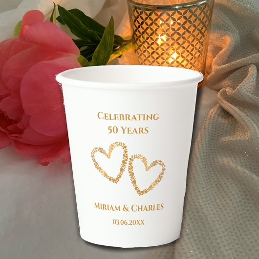 Golden 50th Wedding Jubileum Hart Gepersonaliseerd Papieren Bekers