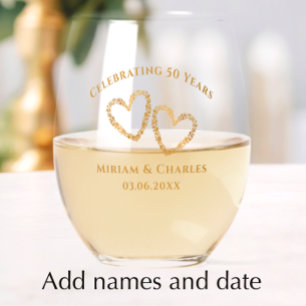 Golden 50th Wedding Jubileum Hart Gepersonaliseerd Wijnglas Zonder Voet