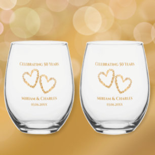 Golden 50th Wedding Jubileum Hart Gepersonaliseerd Wijnglas Zonder Voet