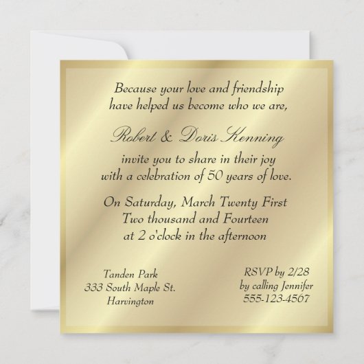 Golden 50th Wedding Jubileum Invitation Gold Kaart (Achterkant)