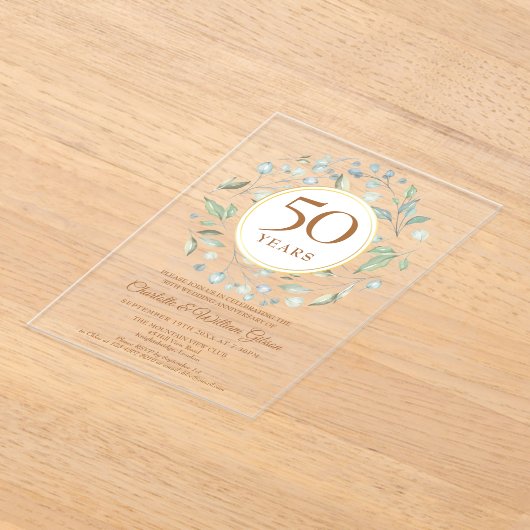 Golden 50th Wedding Jubileum Laurel Greenery Acryl Uitnodigingen (Laagn)