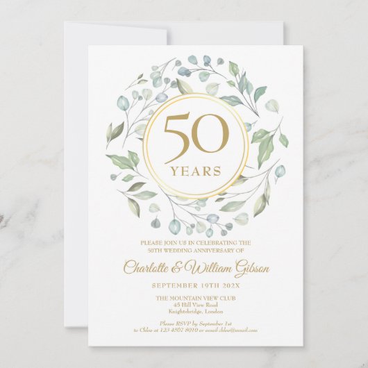 Golden 50th Wedding Jubileum Laurel Greenery Kaart (Voorkant)