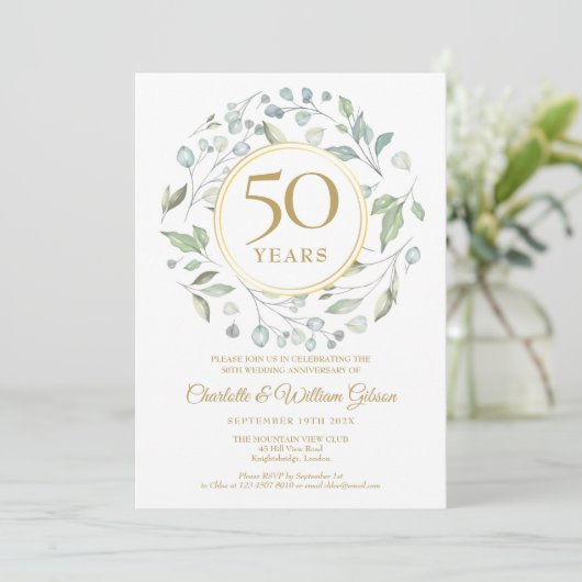 Golden 50th Wedding Jubileum Laurel Greenery Kaart (Staand voorkant)