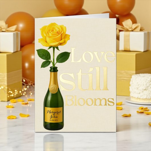 Golden 50th Wedding Jubileum Love Still Blooms Folie Feestdagenkaart