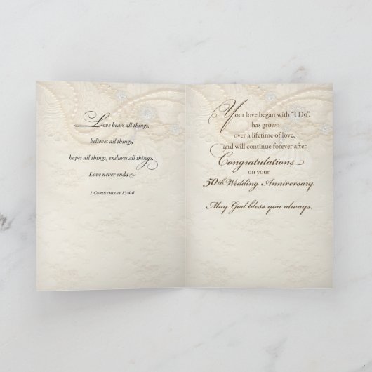Golden 50th Wedding Jubileum, parels en kant Kaart (Binnen)